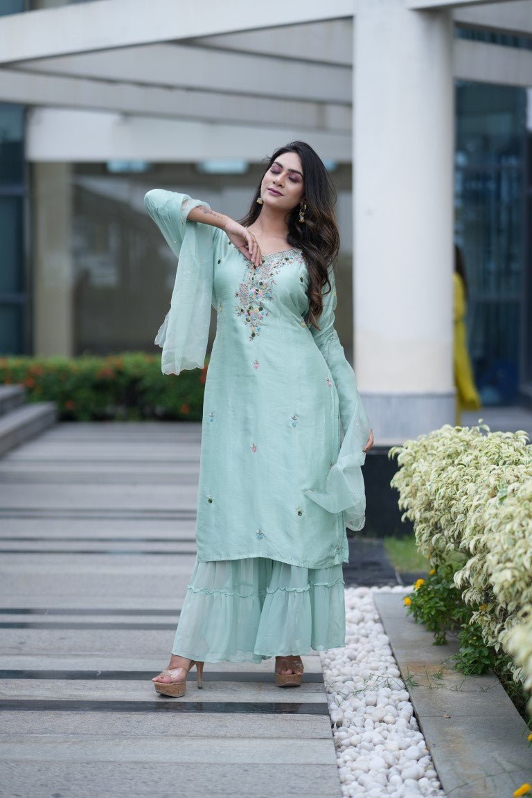 PF5681 - Sea Green , Kurtis , Ethnic Clothing Festive Collection Hand Embroidery Kurta Sets Shararas Silk Trending Collection
