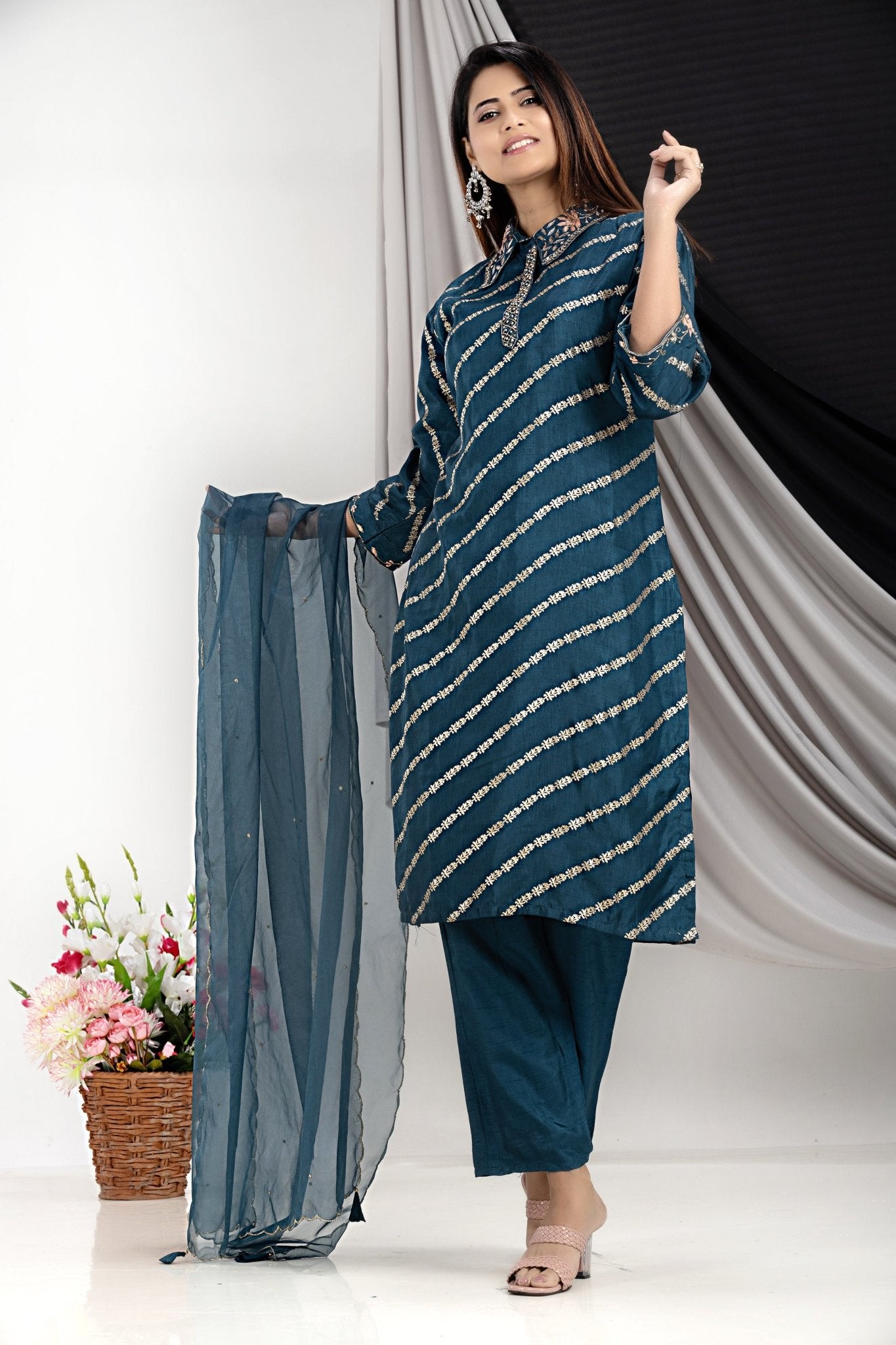 PF7146D - , Kurtis , Ethnic Clothing Hand Embroidery Kurta Sets Silk