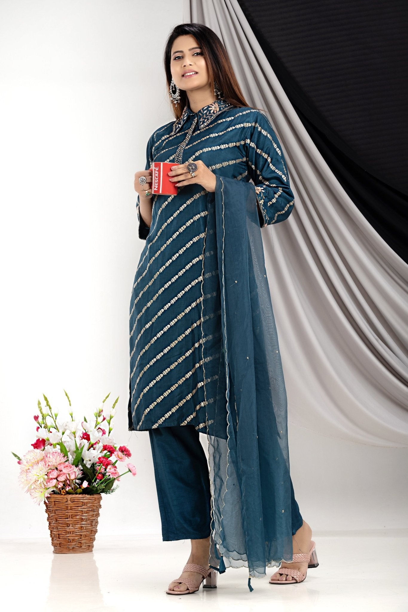 PF7146D - Deep Blue , Kurtis , Ethnic Clothing Hand Embroidery Kurta Sets Silk