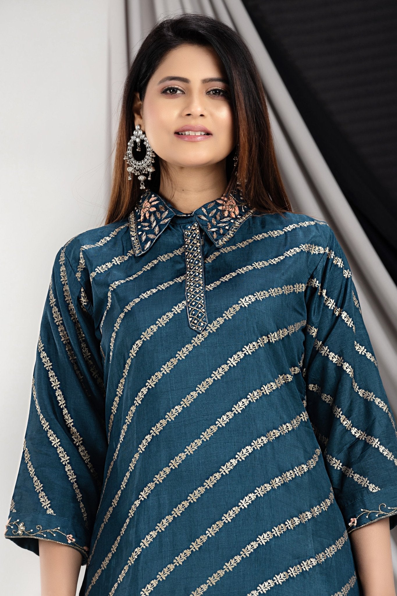 PF7146D - Indigo , Kurtis , Ethnic Clothing Hand Embroidery Kurta Sets Silk