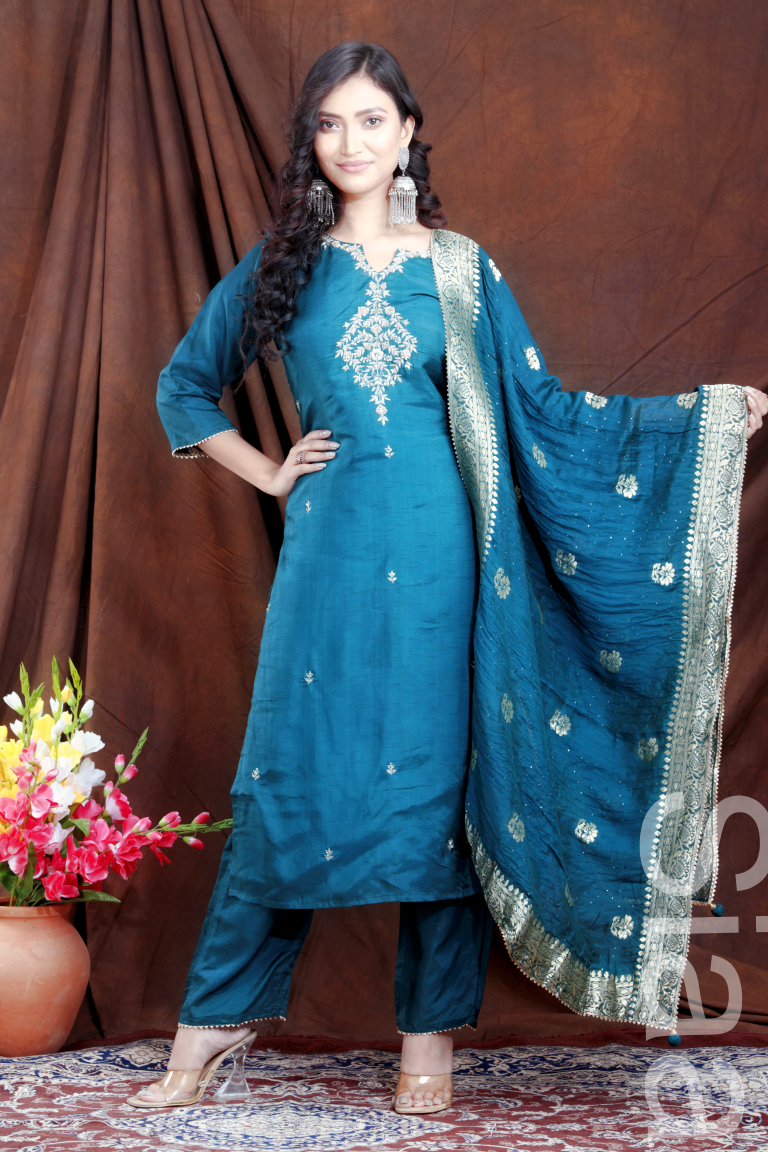PF7235C - , Kurtis , Banarasi Ethnic Clothing Hand Embroidery Kurta Sets Silk