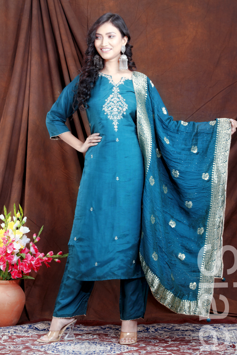 PF7235C - , Kurtis , Banarasi Ethnic Clothing Hand Embroidery Kurta Sets Silk