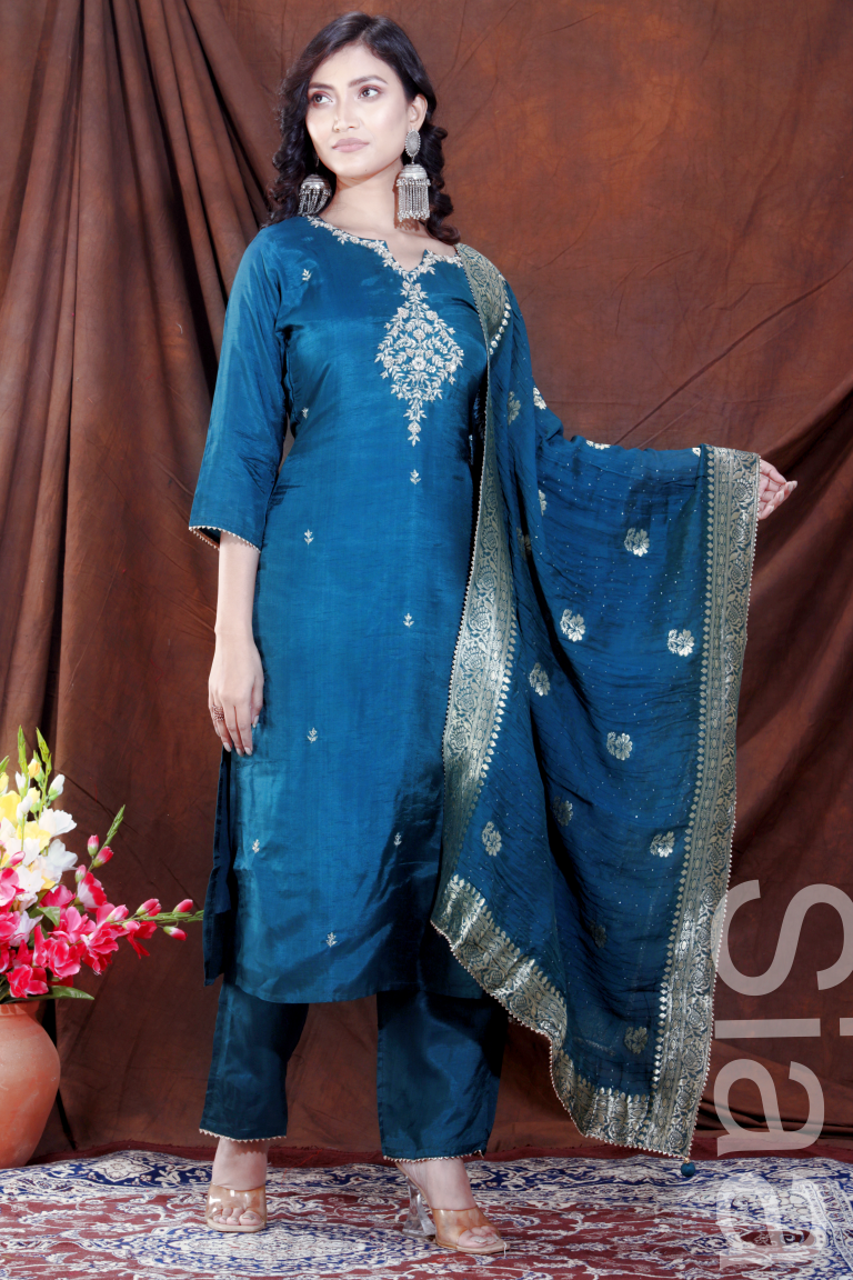 PF7235C - Indigo , Kurtis , Banarasi Ethnic Clothing Hand Embroidery Kurta Sets Silk