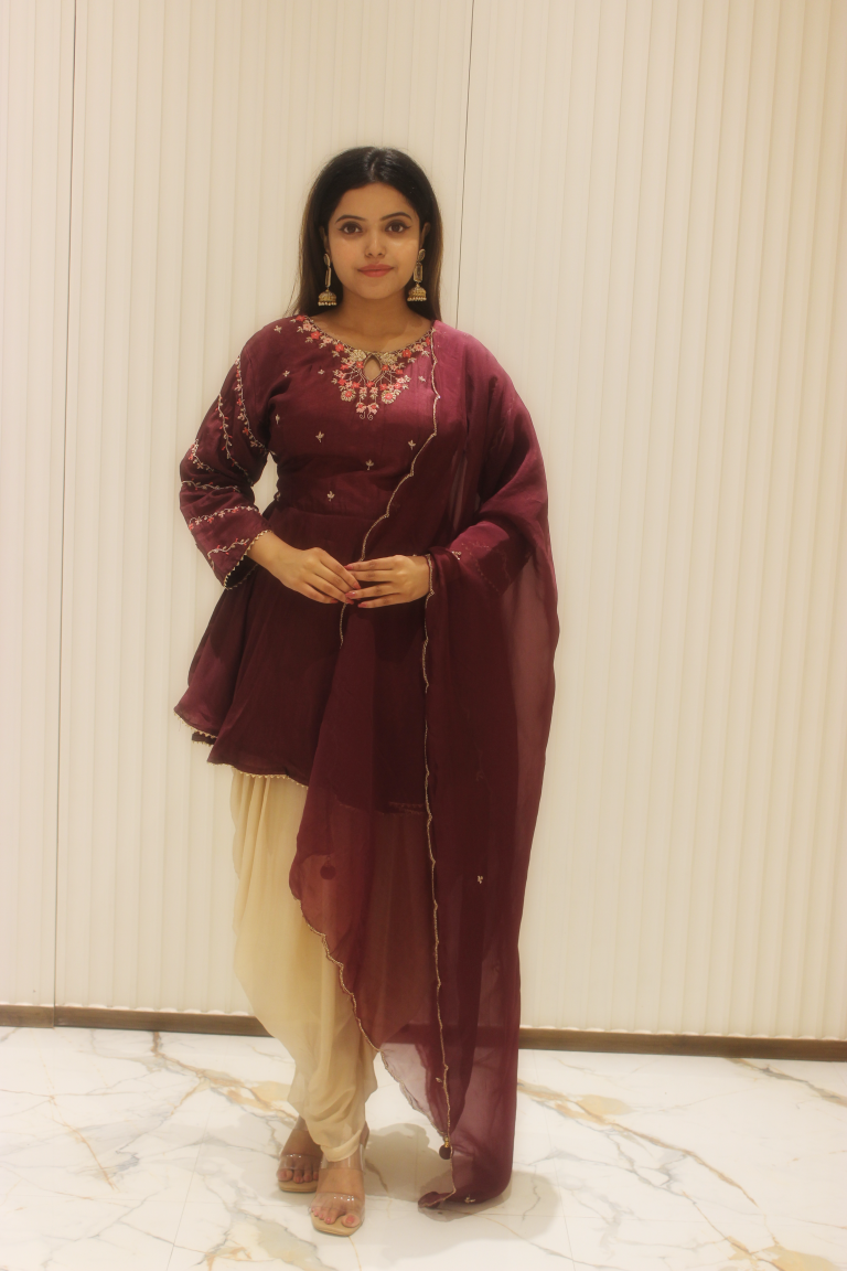 PF7244 - Maroon , Kurtis , Cord Sets Ethnic Clothing Festive Collection Hand Embroidery Kurta Sets Silk
