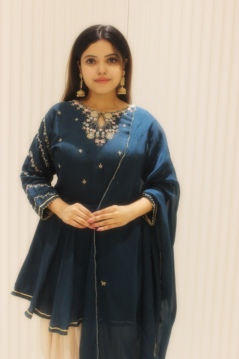 PF7244 - Indigo , Kurtis , Cord Sets Ethnic Clothing Festive Collection Hand Embroidery Kurta Sets Silk