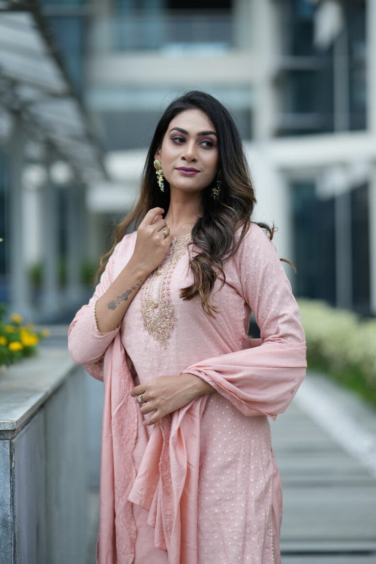 PF7271 - Peach , Kurtis , Cotton Ethnic Clothing Hand Embroidery Kurta Sets