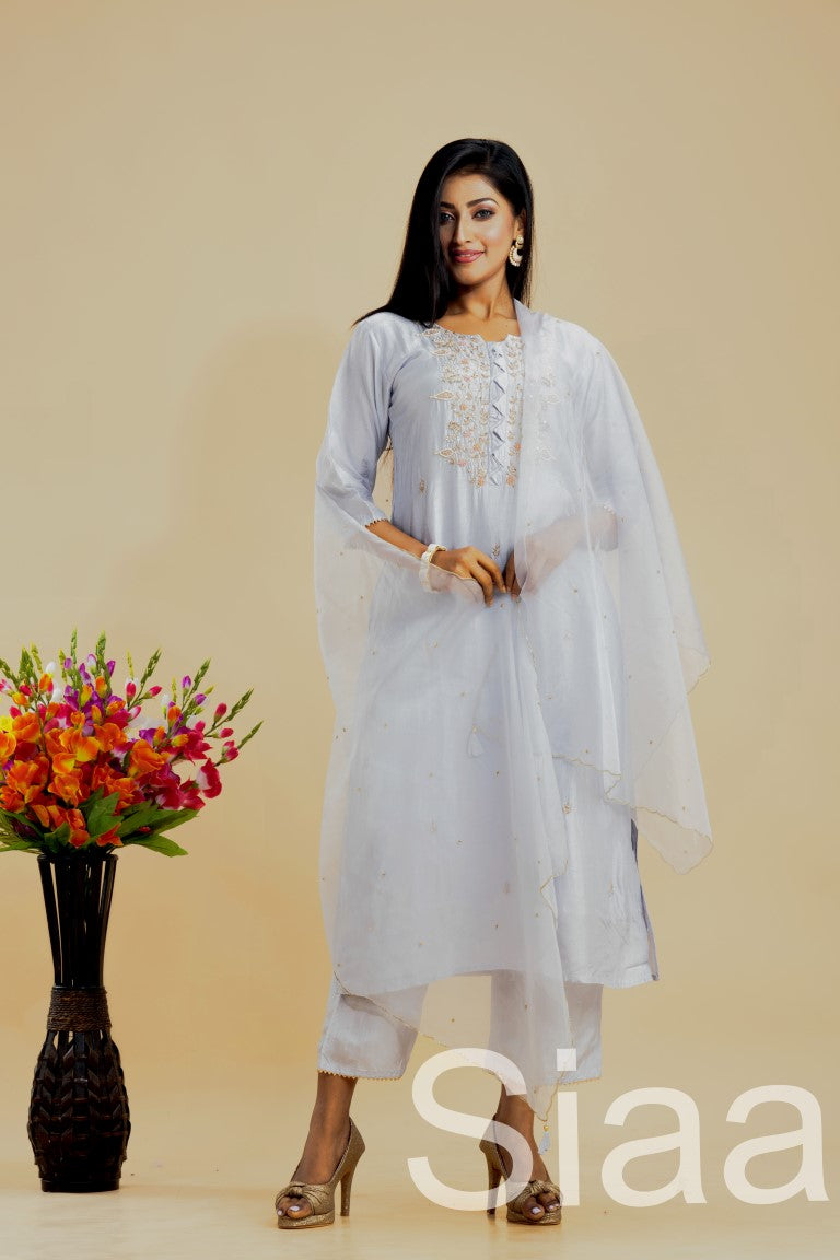 PF7319 - Grey , Kurtis , Ethnic Clothing Hand Embroidery Kurta Sets Silk