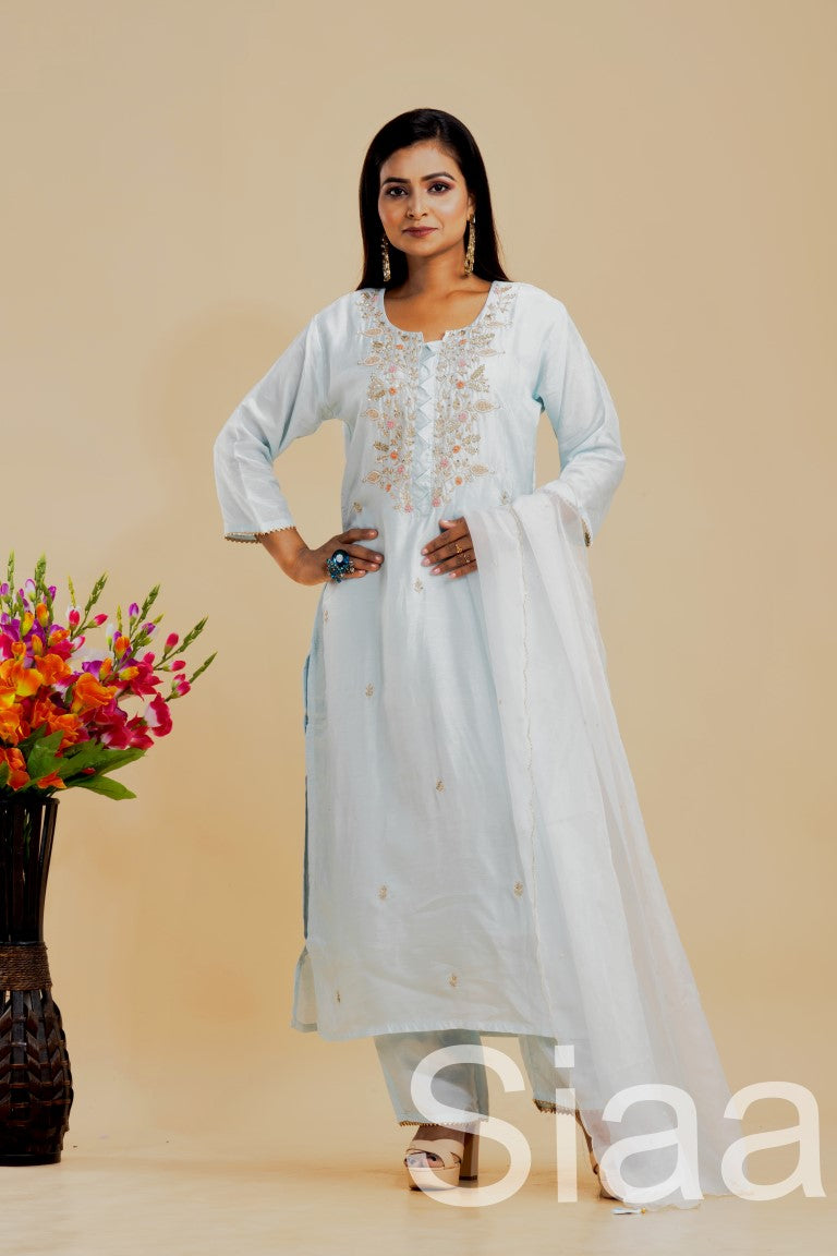 PF7319 - , Kurtis , Ethnic Clothing Hand Embroidery Kurta Sets Silk