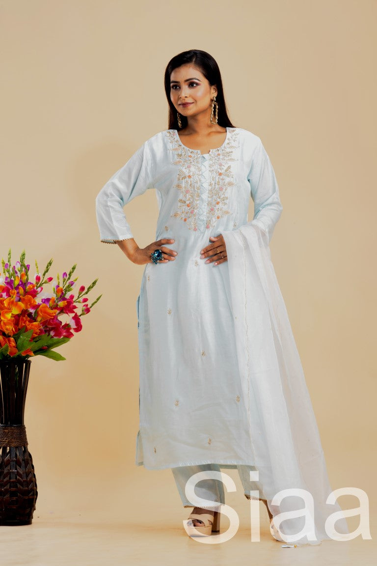 PF7319 - , Kurtis , Ethnic Clothing Hand Embroidery Kurta Sets Silk
