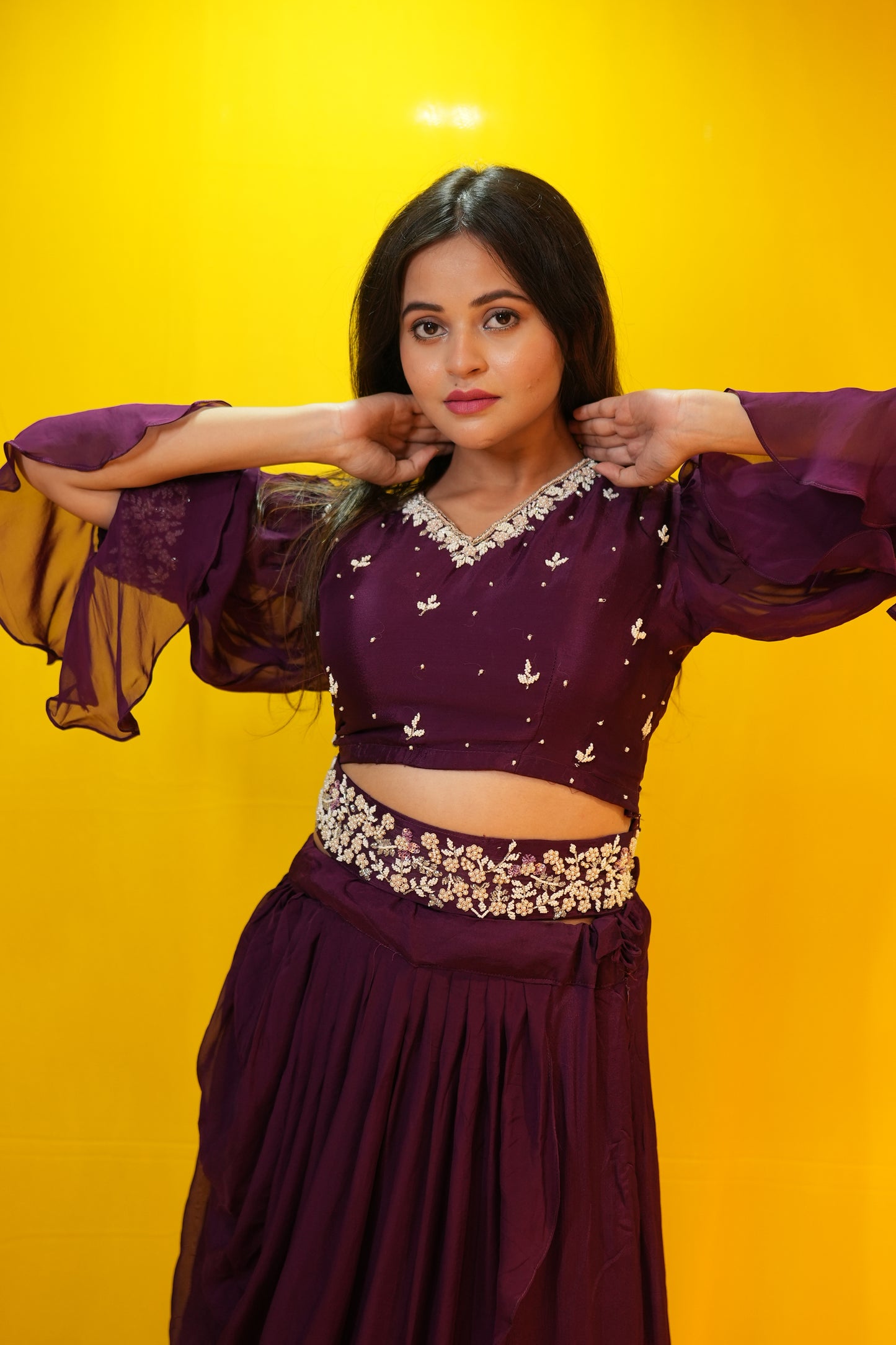 PF7330 - Wine , Kurtis , Chinnon Contemporary Clothing Cord Sets Ethnic Clothing Festive Collection Hand Embroidery Indo-Western Shararas Skirts sets