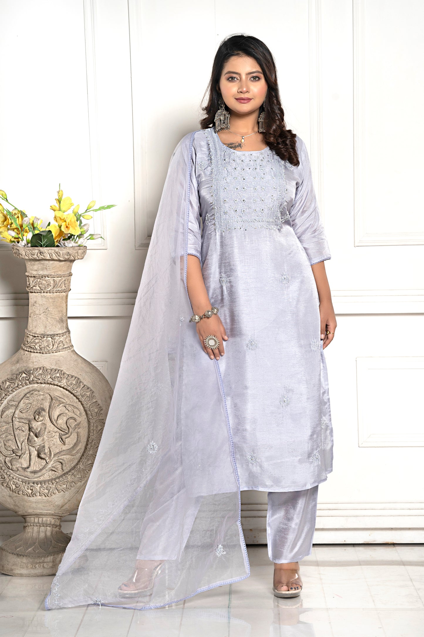 PF7586 - , Kurtis , Ethnic Clothing Hand Embroidery Kurta Sets Silk
