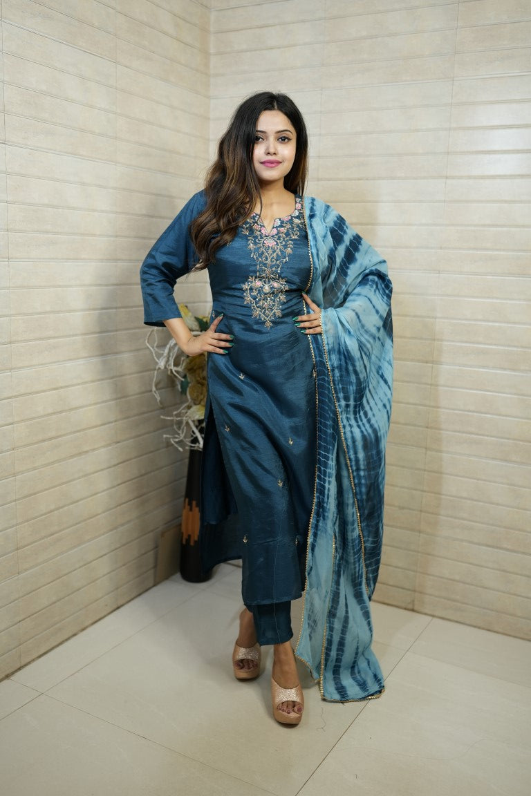 PF7665A - , Kurtis , Ethnic Clothing Hand Embroidery Kurta Sets Silk