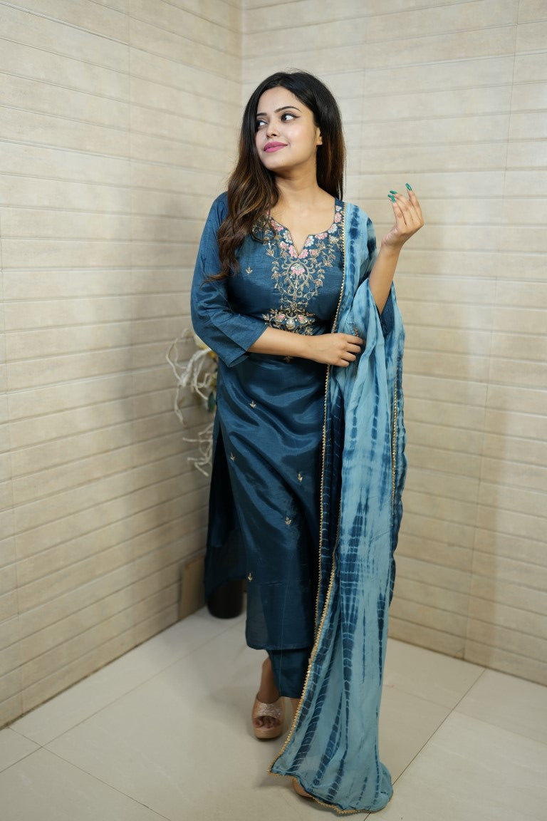PF7665A - , Kurtis , Ethnic Clothing Hand Embroidery Kurta Sets Silk