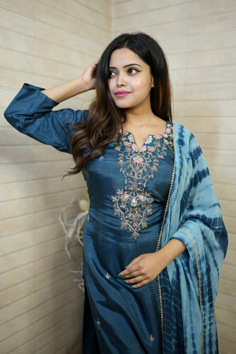 PF7665A - Indigo , Kurtis , Ethnic Clothing Hand Embroidery Kurta Sets Silk