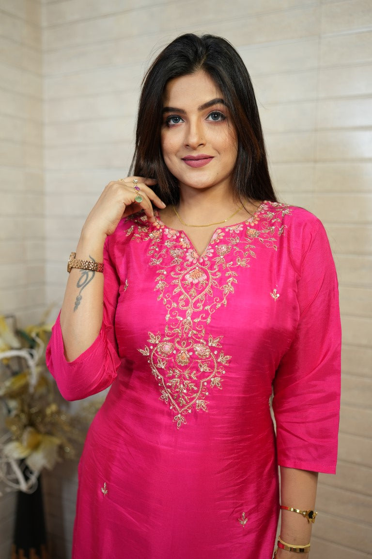 PF7665A - , Kurtis , Ethnic Clothing Hand Embroidery Kurta Sets Silk