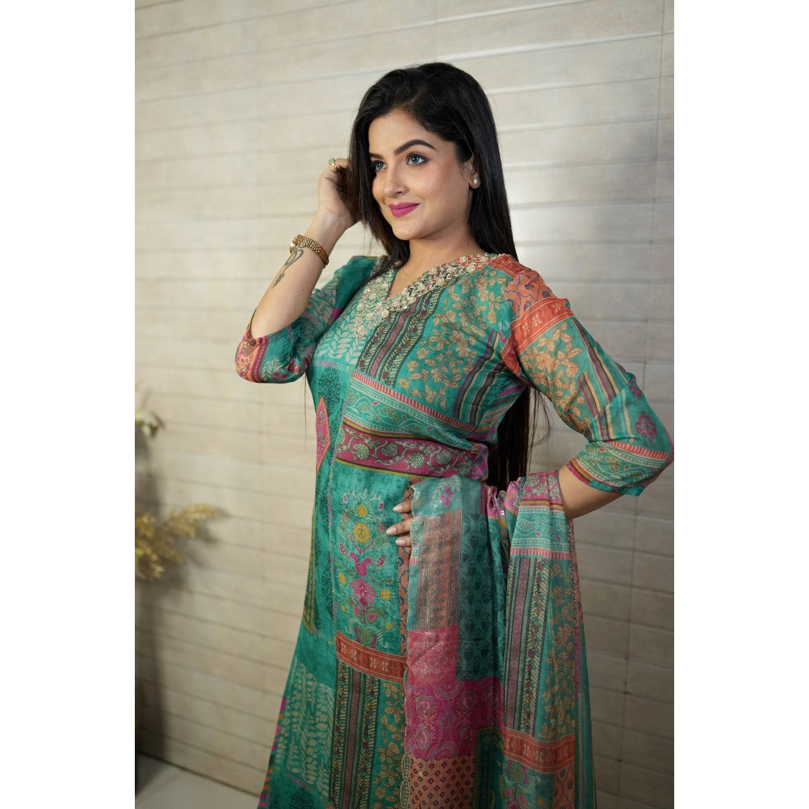 PF7672B - Green , Kurtis , Ethnic Clothing Hand Embroidery Kurta Sets Printed Silk