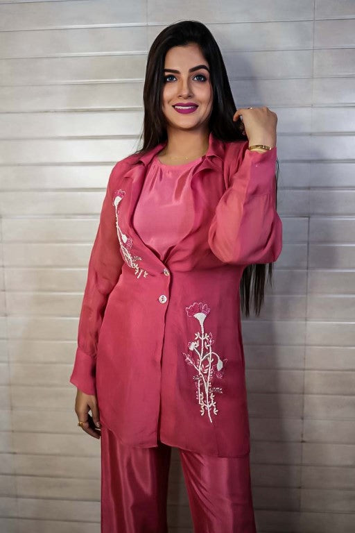 PF7684 - Coral Red , Kurtis , Casual Wear Cord Sets Ethnic Clothing Hand Embroidery Organza