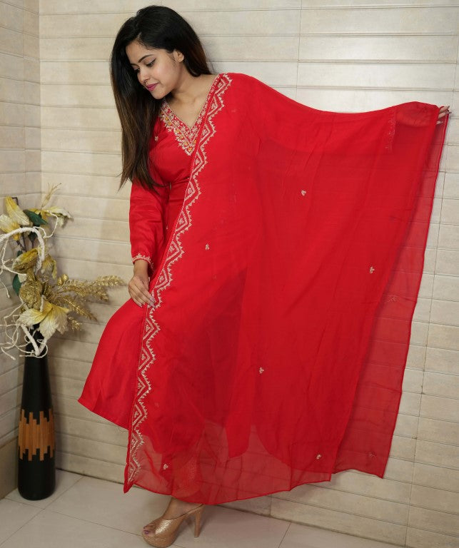 PF7748 - , Kurtis , Ethnic Clothing Hand Embroidery Kurta Sets Silk