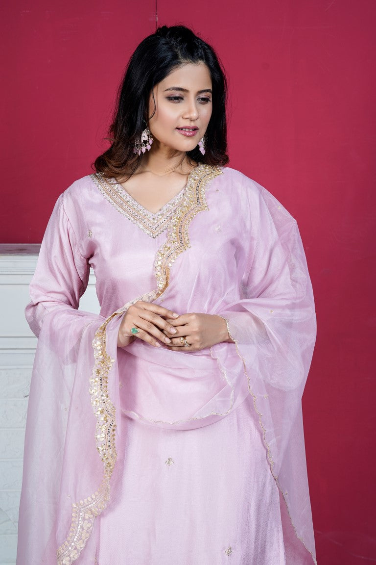PF7754 - Pink , Kurtis , Ethnic Clothing Hand Embroidery Kurta Sets Silk