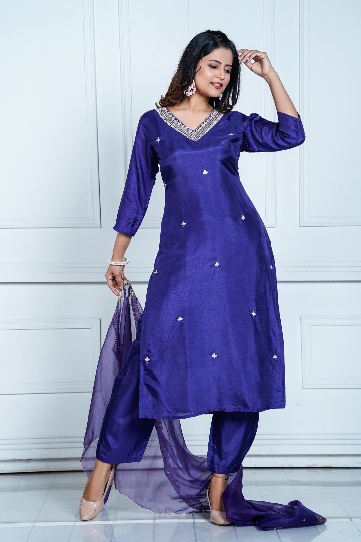 PF7754 - Purple , Kurtis , Ethnic Clothing Hand Embroidery Kurta Sets Silk