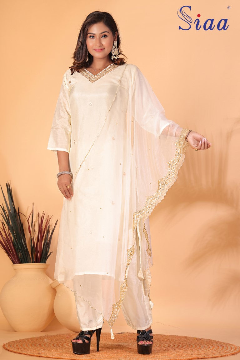 PF7754 - Off White , Kurtis , Ethnic Clothing Hand Embroidery Kurta Sets Silk