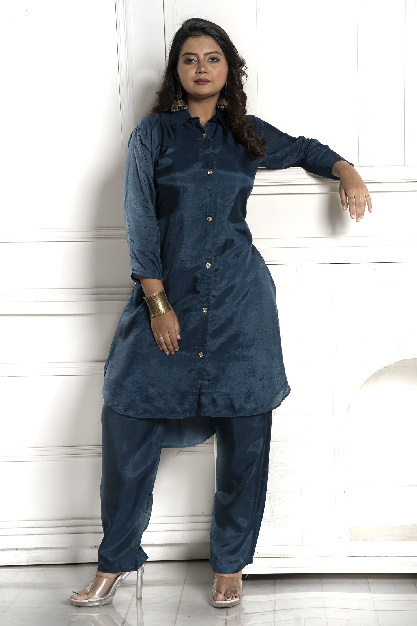 PF7766 - Indigo , Kurtis , Casual Wear Contemporary Clothing Cord Sets Ethnic Clothing Hand Embroidery Silk