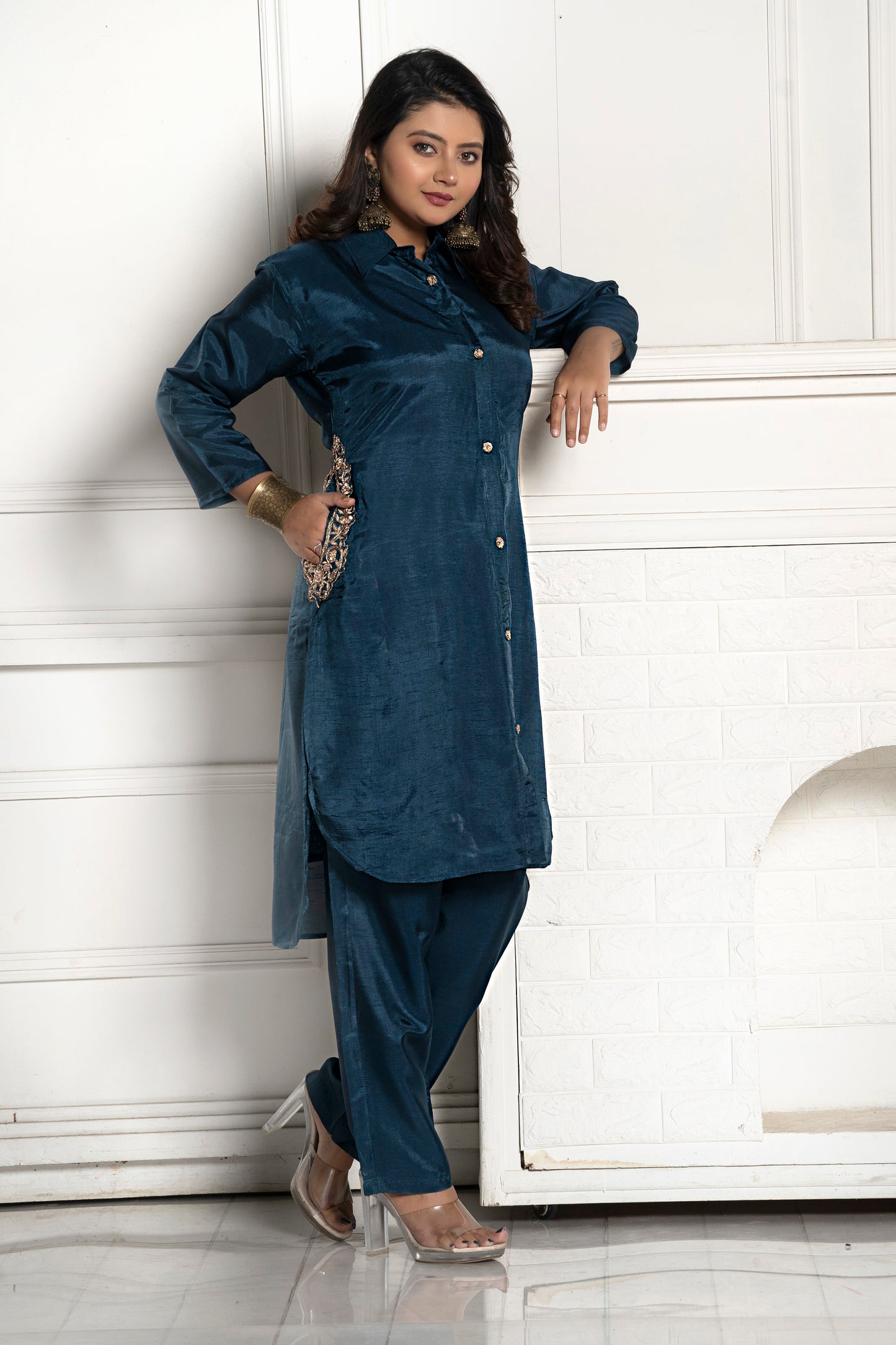 PF7766 - , Kurtis , Casual Wear Contemporary Clothing Cord Sets Ethnic Clothing Hand Embroidery Silk