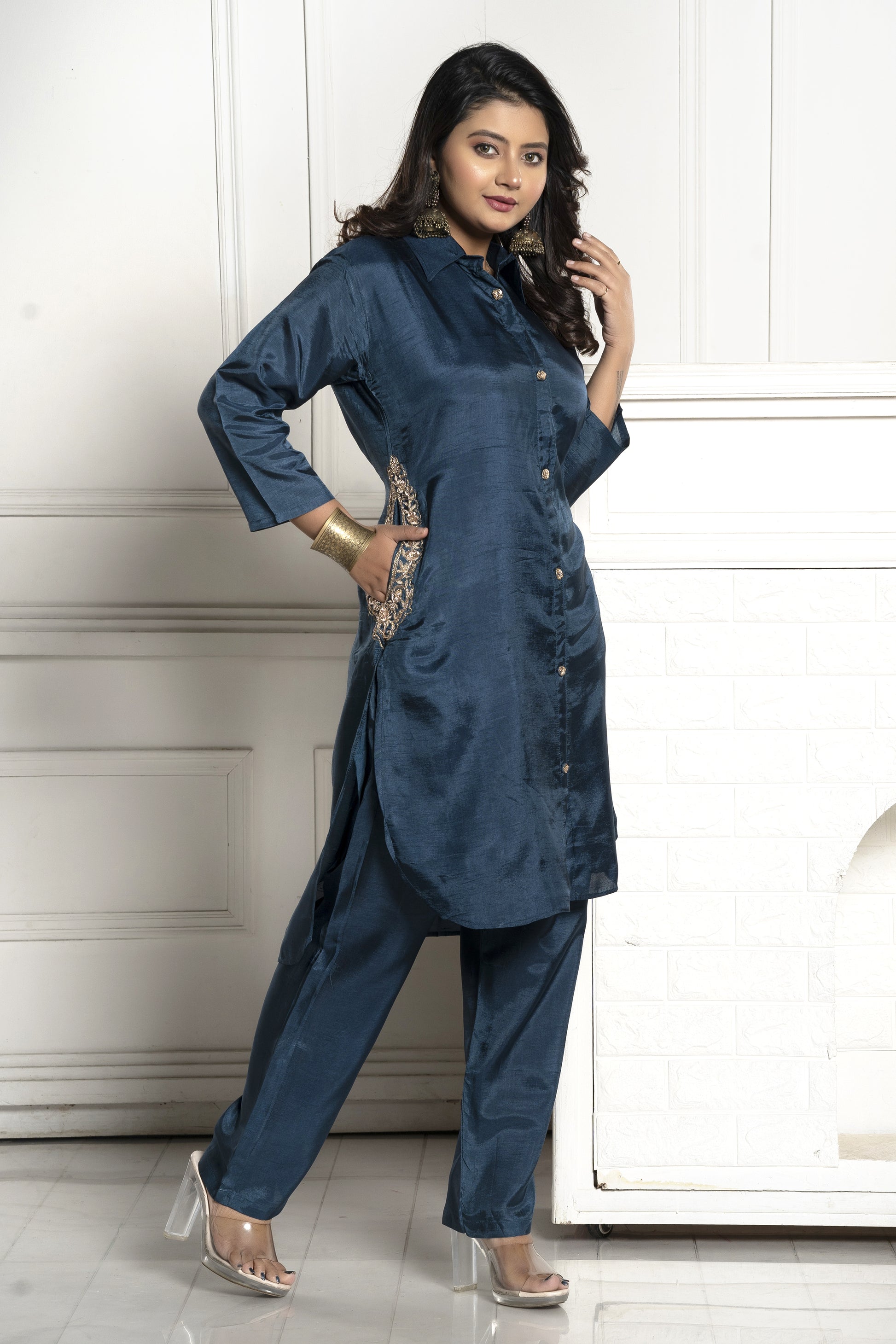 PF7766 - , Kurtis , Casual Wear Contemporary Clothing Cord Sets Ethnic Clothing Hand Embroidery Silk