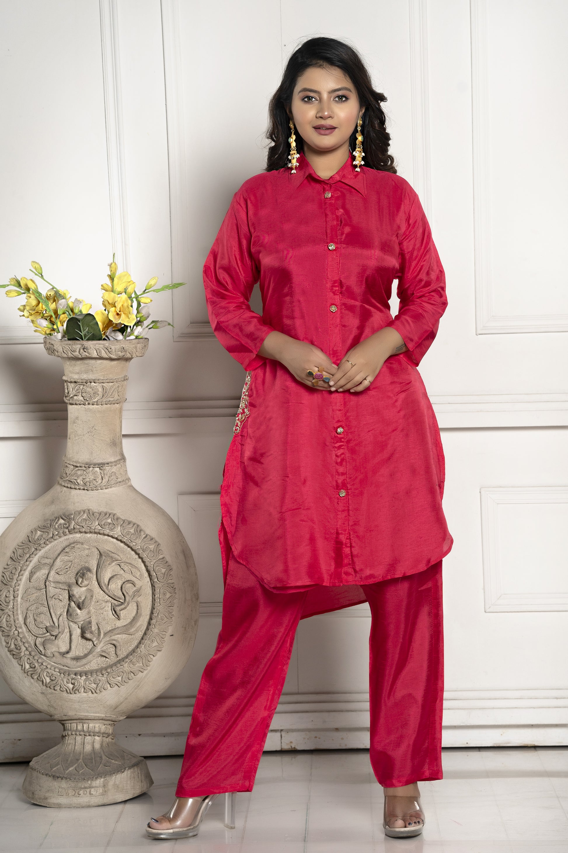 PF7766 - , Kurtis , Casual Wear Contemporary Clothing Cord Sets Ethnic Clothing Hand Embroidery Silk