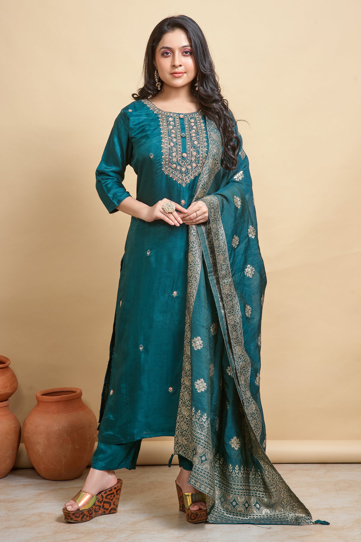 PF7769 - , Kurtis , Ethnic Clothing Hand Embroidery Kurta Sets Silk