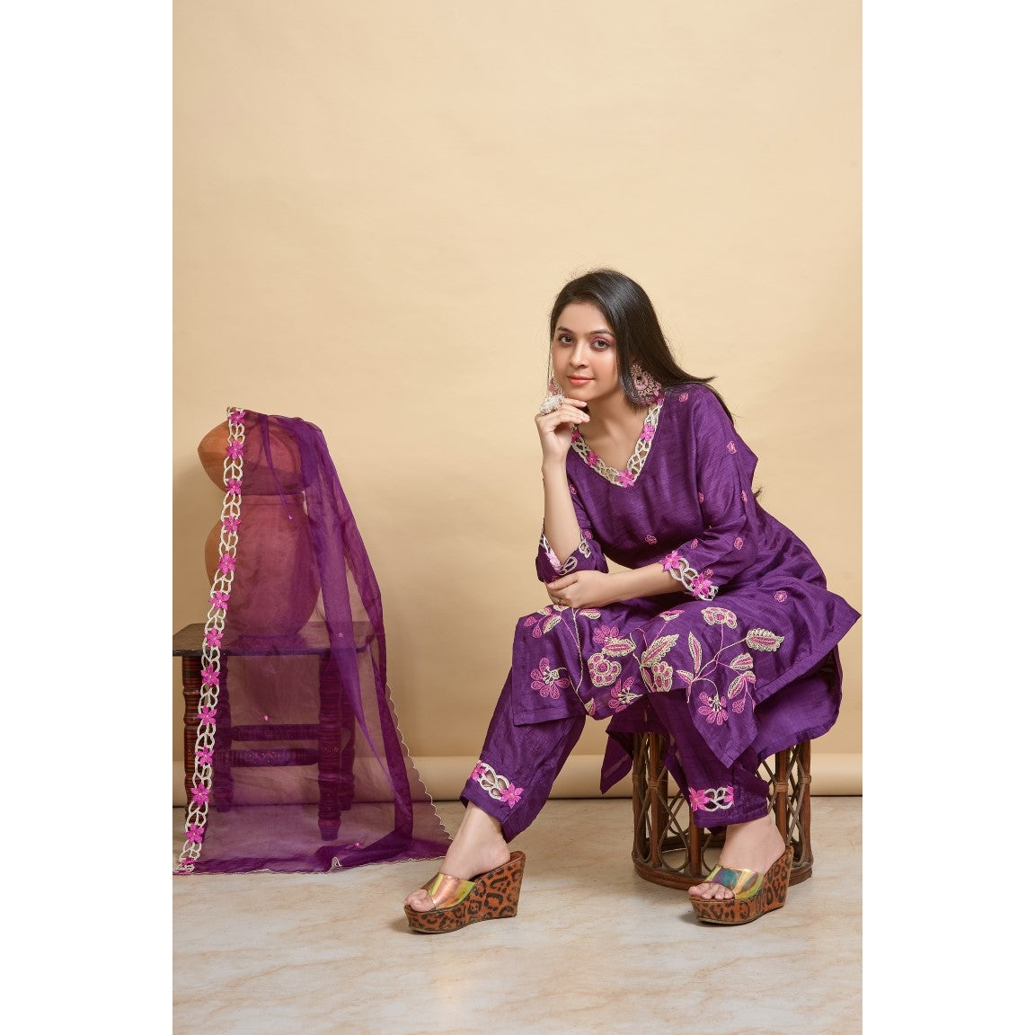 PF7796 - , Kurtis , Ethnic Clothing Hand Embroidery Kurta Sets Silk