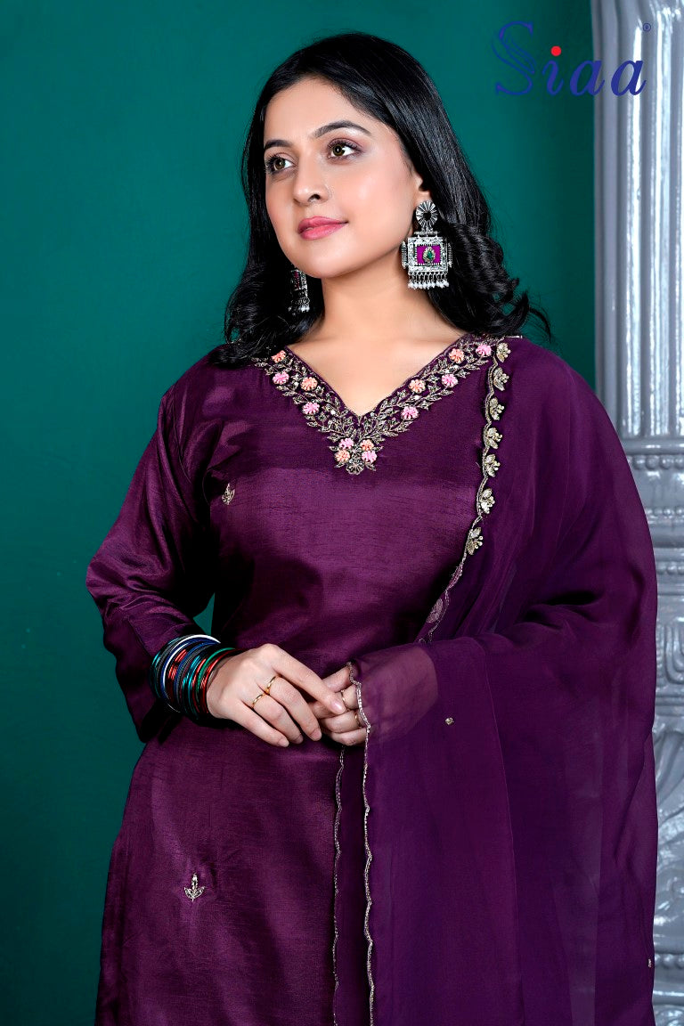 PF7830A - Wine , Kurtis , Ethnic Clothing Hand Embroidery Kurta Sets Silk