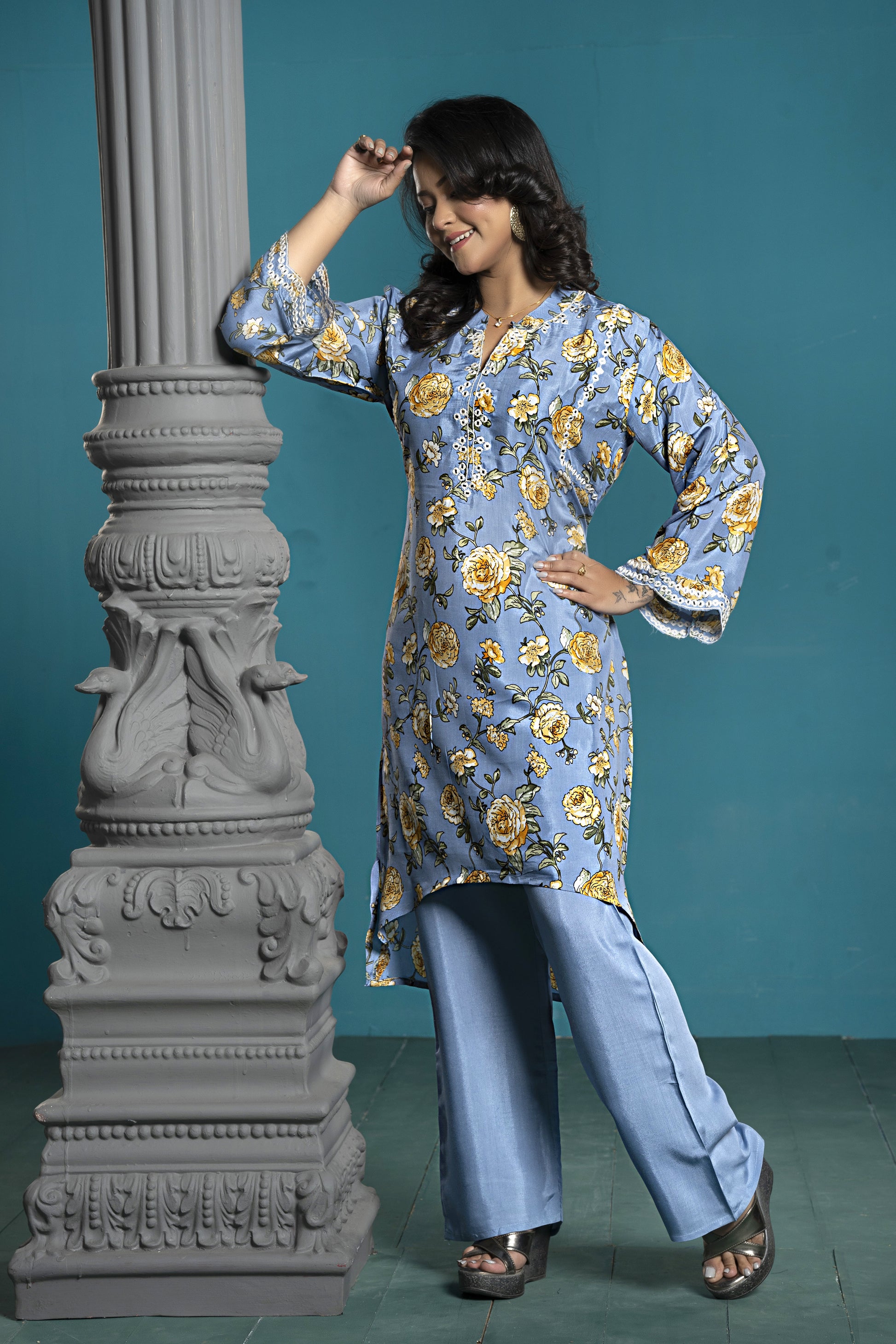 PF7831 - , Kurtis , Casual Wear Contemporary Clothing Cord Sets Ethnic Clothing Hand Embroidery Silk