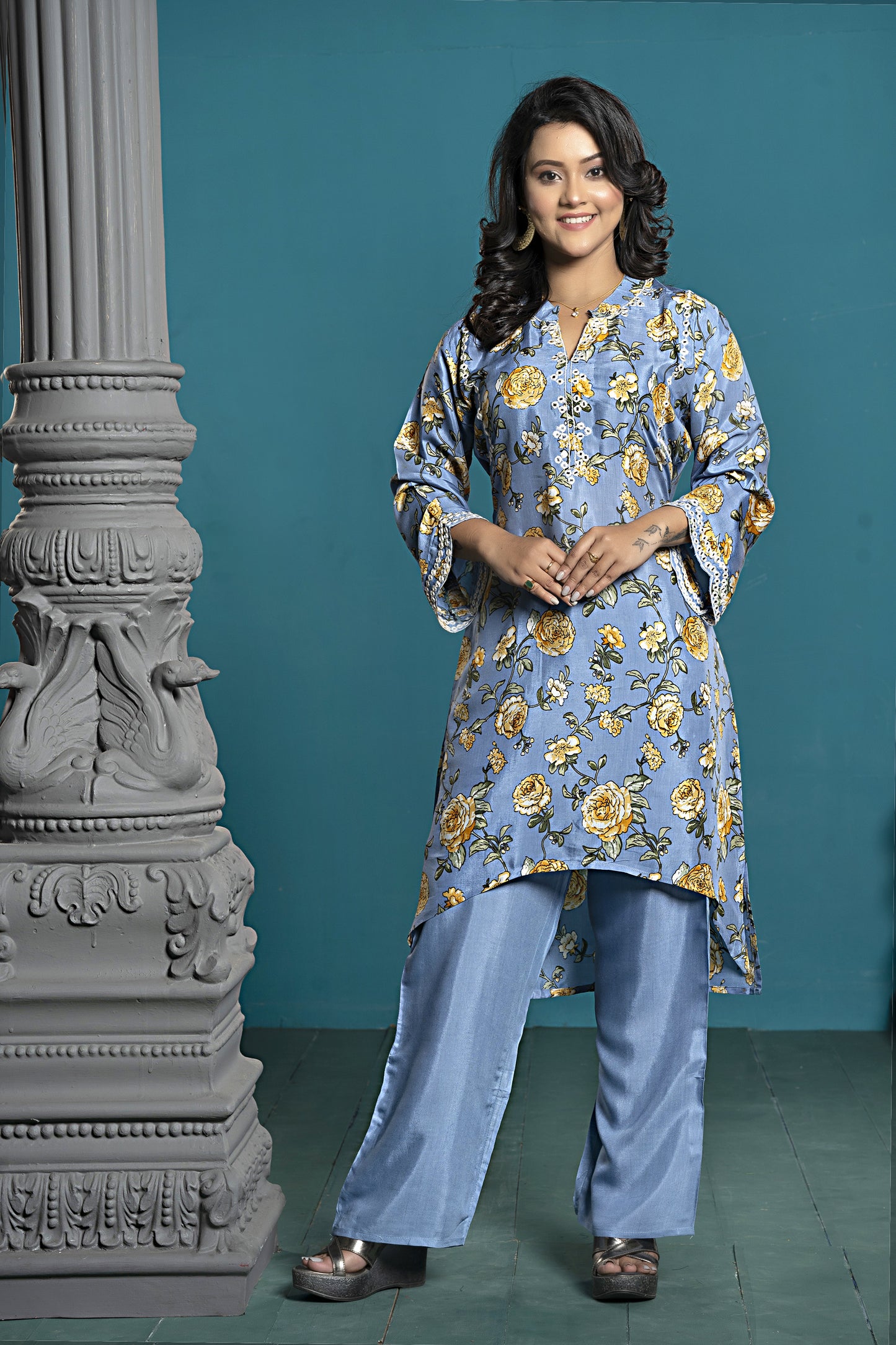 PF7831 - Blue , Kurtis , Casual Wear Contemporary Clothing Cord Sets Ethnic Clothing Hand Embroidery Silk
