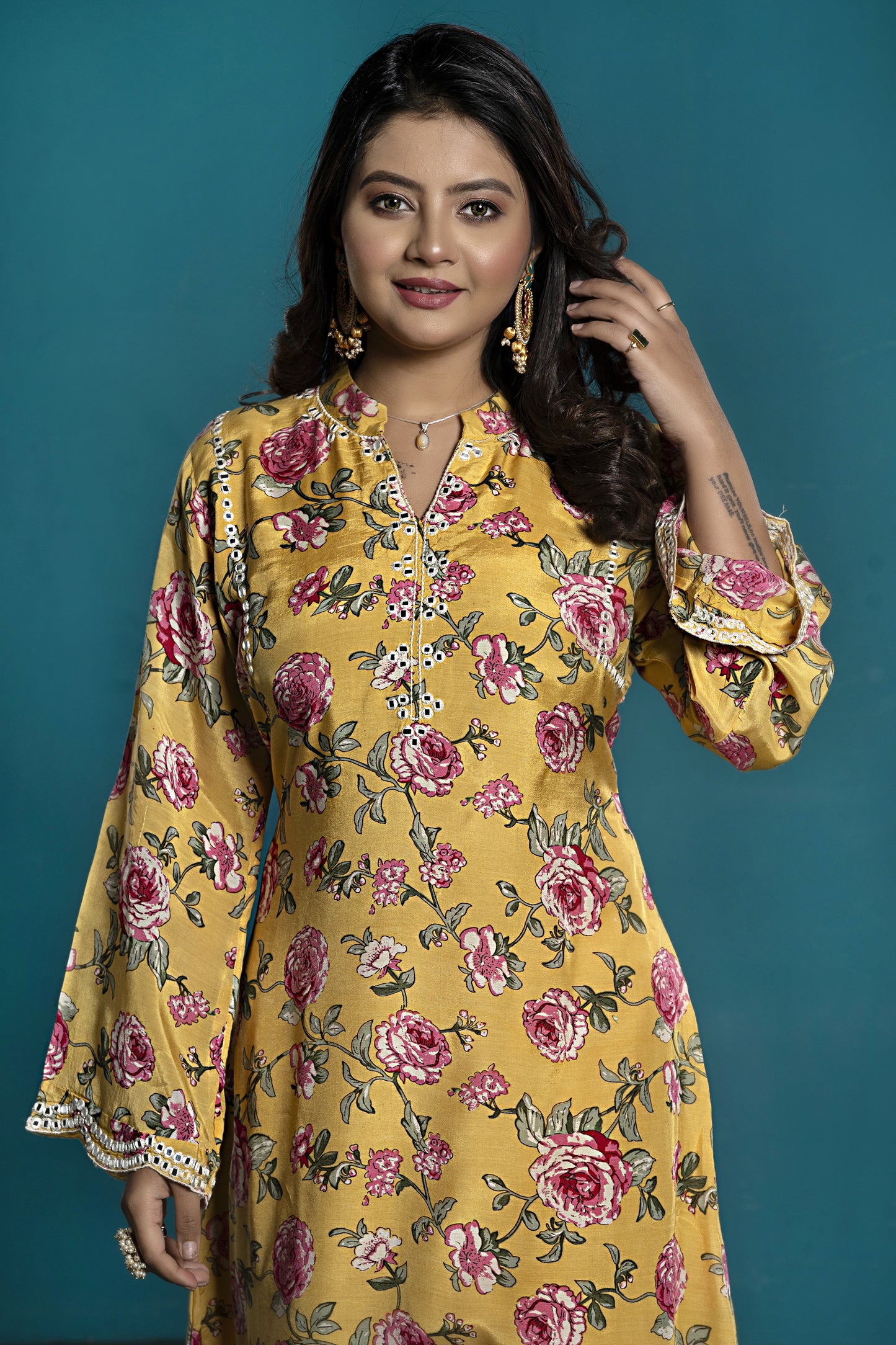 PF7831 - Mustard , Kurtis , Casual Wear Contemporary Clothing Cord Sets Ethnic Clothing Hand Embroidery Silk