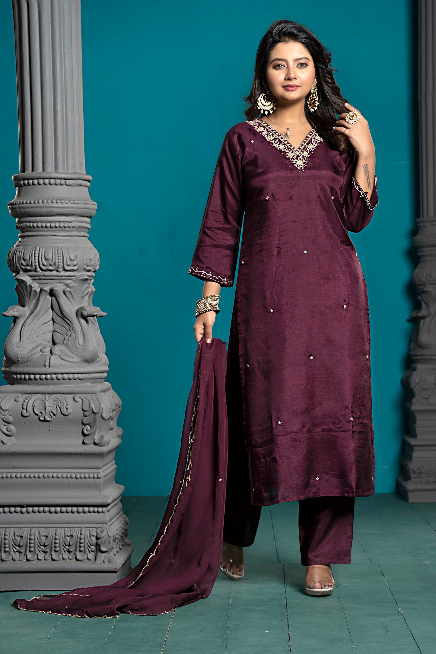 PF7855A - , Kurtis , Ethnic Clothing Hand Embroidery Kurta Sets Silk