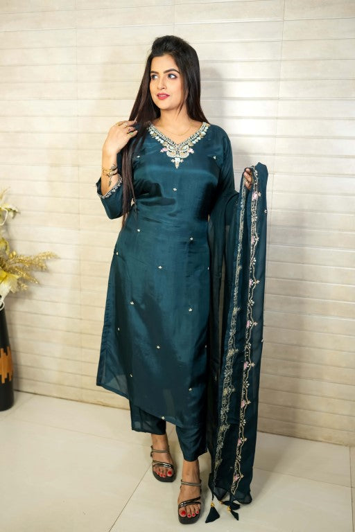 PF7879 - Indigo , Kurtis , Ethnic Clothing Hand Embroidery Kurta Sets Silk