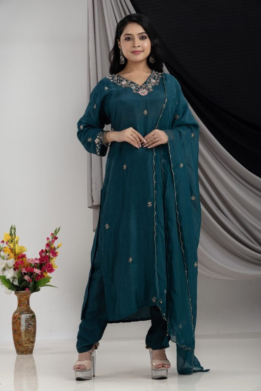 PF7906 - , Kurtis , Ethnic Clothing Hand Embroidery Kurta Sets Silk