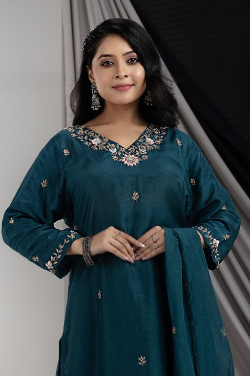 PF7906 - , Kurtis , Ethnic Clothing Hand Embroidery Kurta Sets Silk