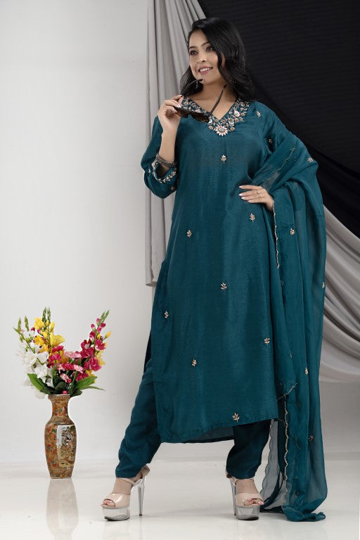 PF7906 - , Kurtis , Ethnic Clothing Hand Embroidery Kurta Sets Silk