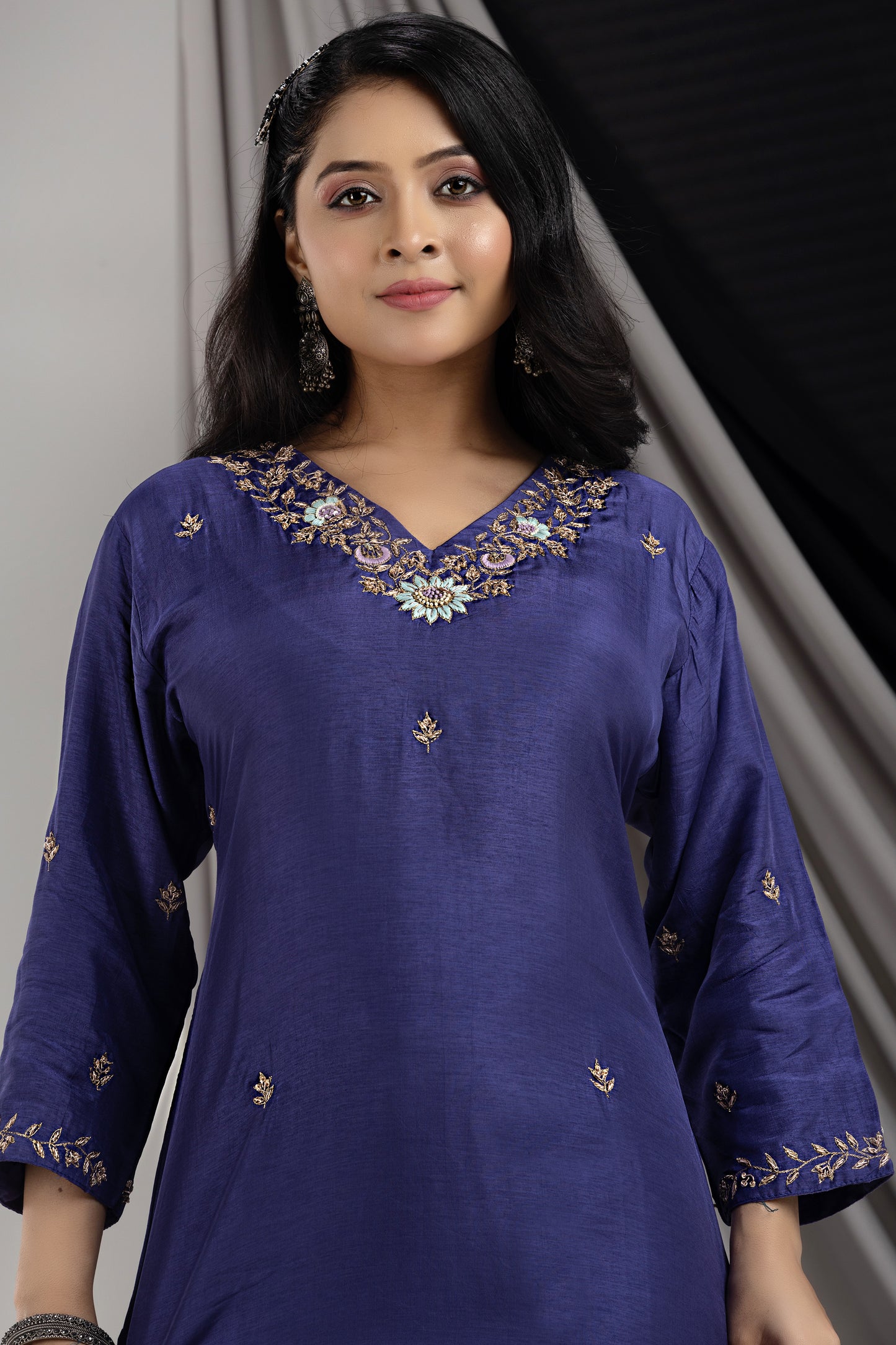 PF7906 - Purple , Kurtis , Ethnic Clothing Hand Embroidery Kurta Sets Silk