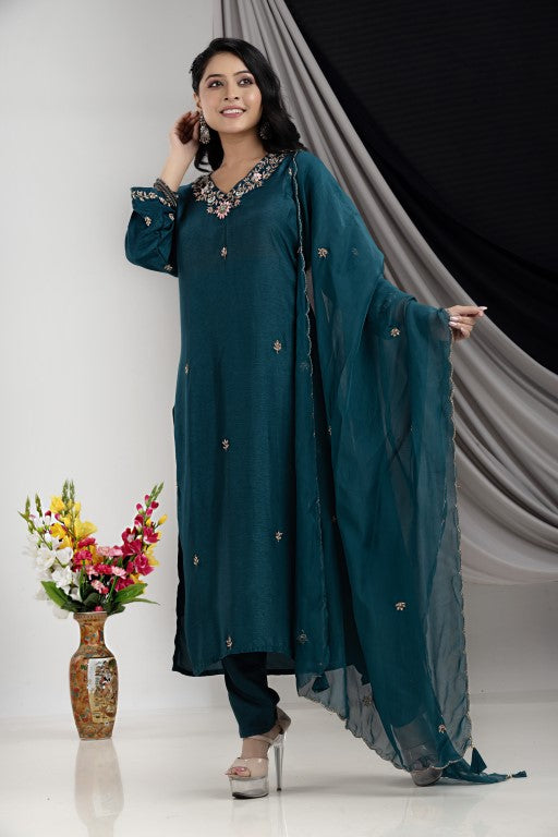 PF7906 - , Kurtis , Ethnic Clothing Hand Embroidery Kurta Sets Silk