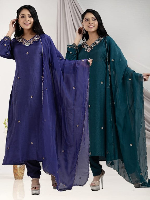 PF7906 - , Kurtis , Ethnic Clothing Hand Embroidery Kurta Sets Silk