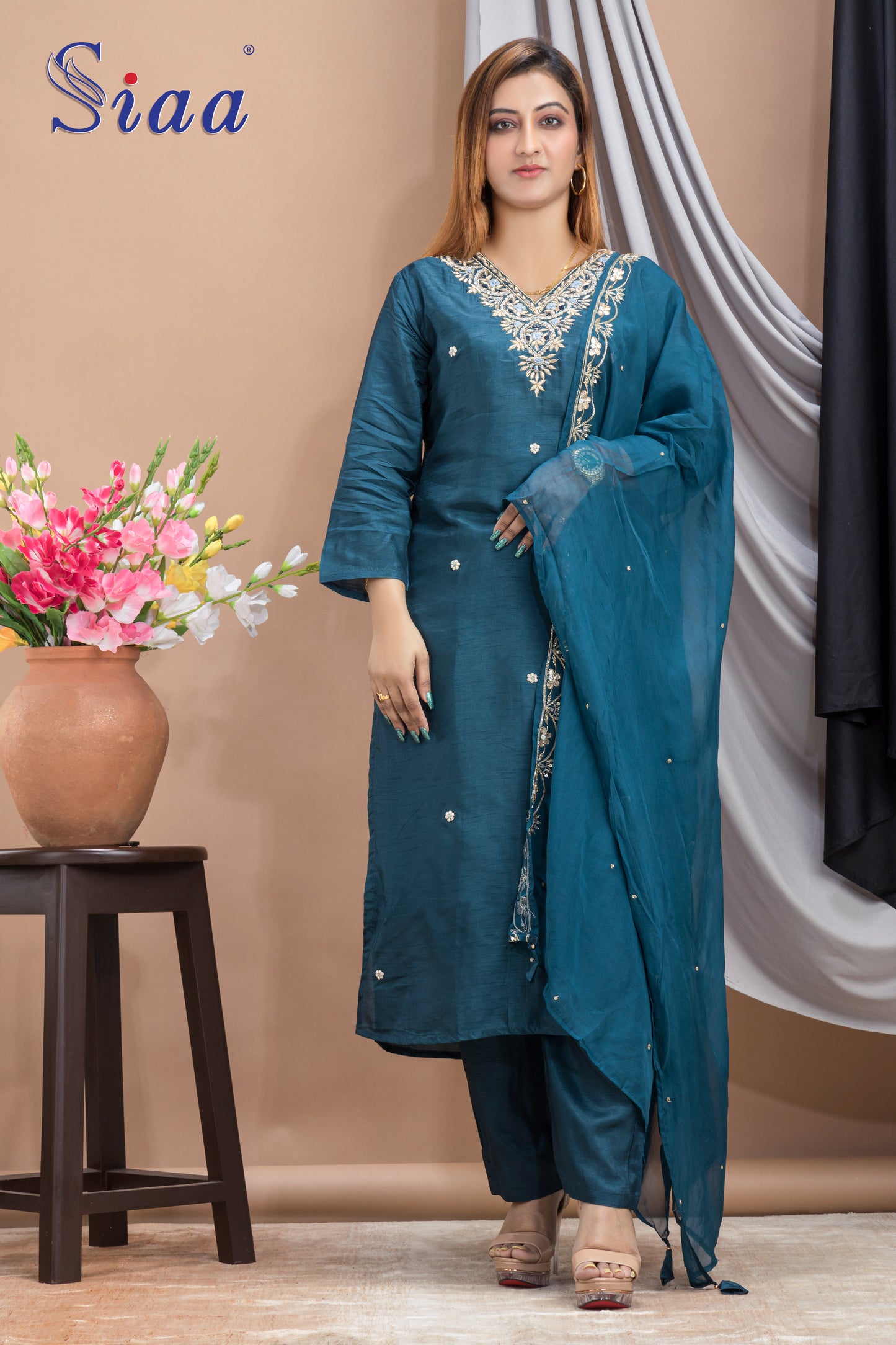 PF7908 - , Kurtis , Ethnic Clothing Hand Embroidery Kurta Sets Silk