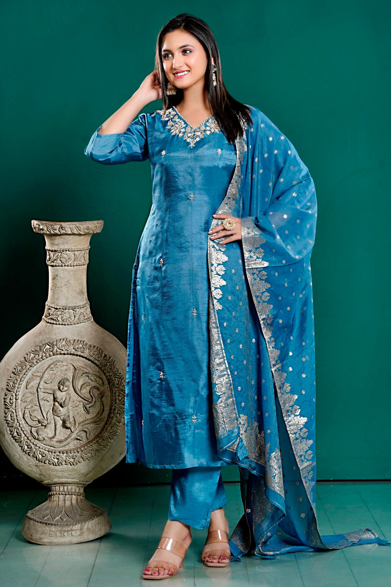 PF7909 - , Kurtis , Ethnic Clothing Hand Embroidery Kurta Sets Silk