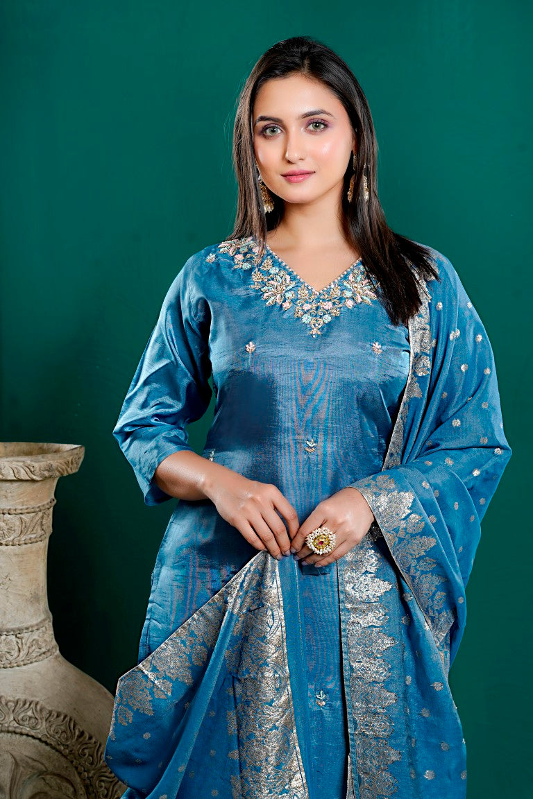 PF7909 - , Kurtis , Ethnic Clothing Hand Embroidery Kurta Sets Silk