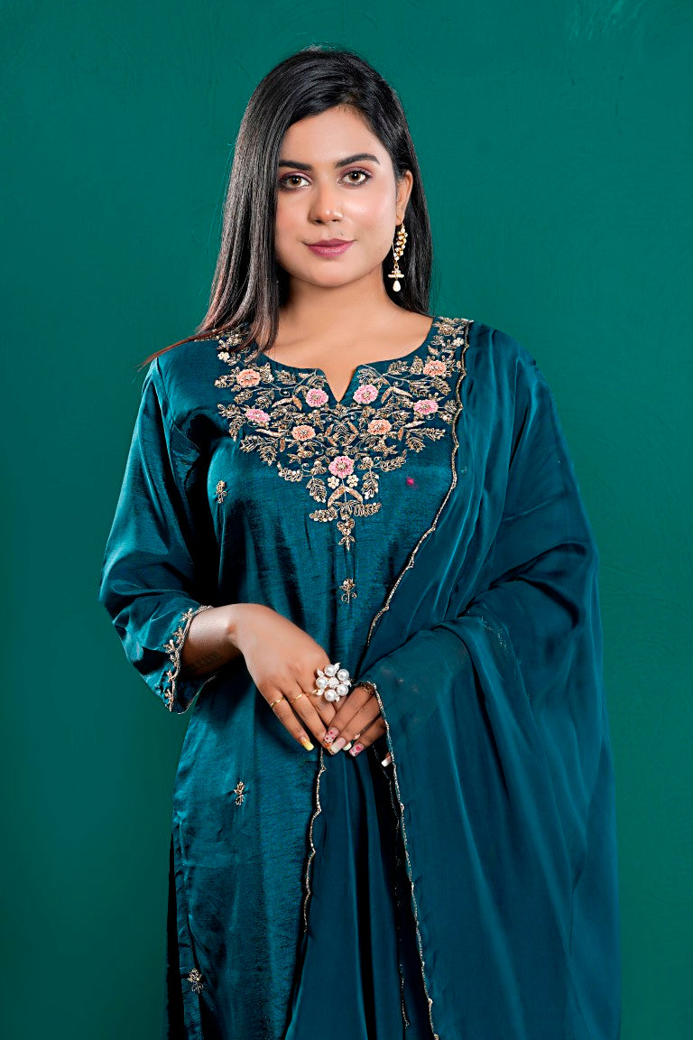 PF7935C - Indigo , Kurtis , Ethnic Clothing Hand Embroidery Kurta Sets Silk