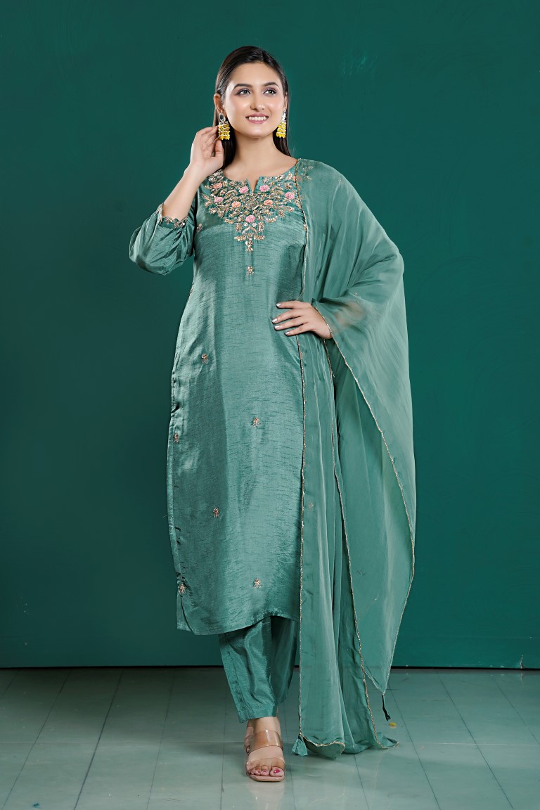 PF7935C - Green , Kurtis , Ethnic Clothing Hand Embroidery Kurta Sets Silk