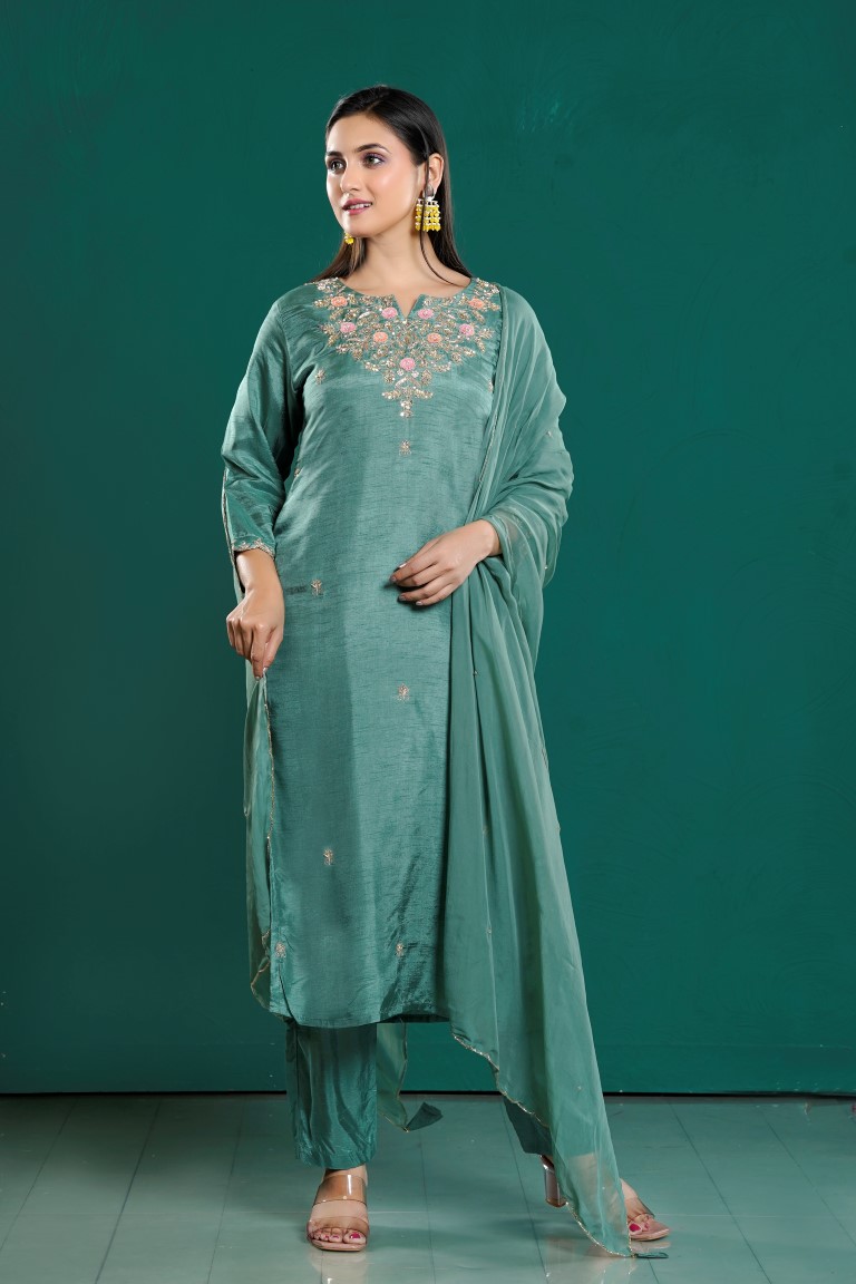 PF7935C - , Kurtis , Ethnic Clothing Hand Embroidery Kurta Sets Silk