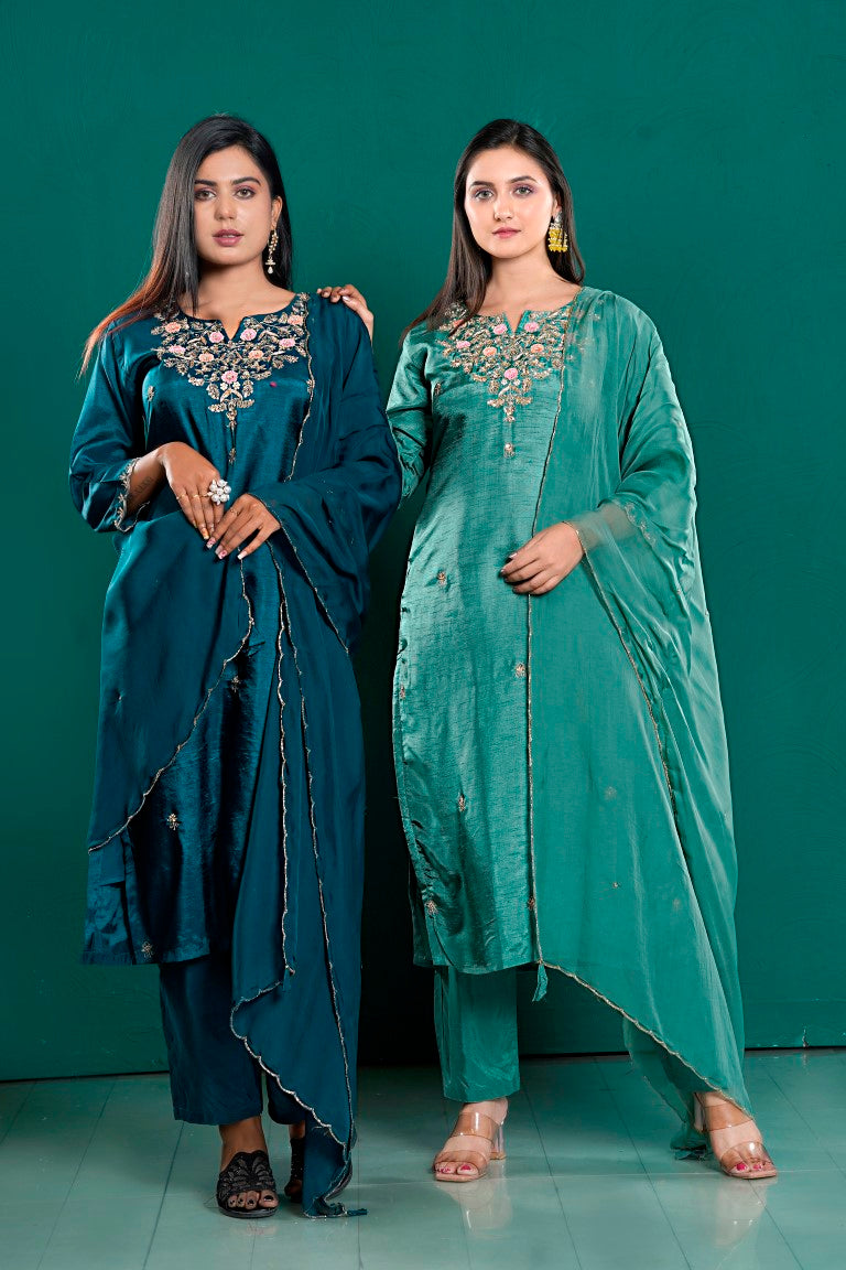 PF7935C - , Kurtis , Ethnic Clothing Hand Embroidery Kurta Sets Silk